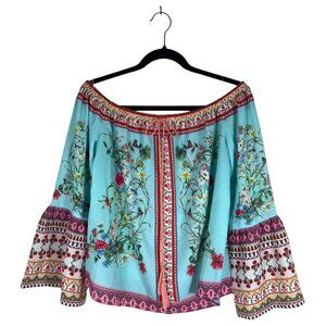 Umgee Women Size S Aqua Floral Peasant Blouse Boho Off the Shoulders Bell Sleeve